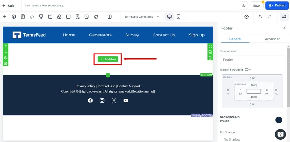 TermsFeed Modern - Terms and Conditions - Edit with Add row button highlighted