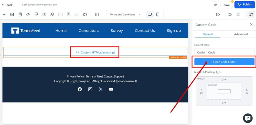 TermsFeed Modern - Terms and Conditions - Edit - Custom code element - Open Code Editor button selected