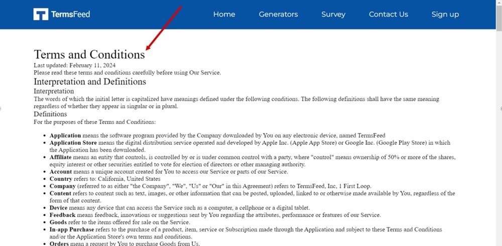 TermsFeed Modern - Terms and Conditions page displayed