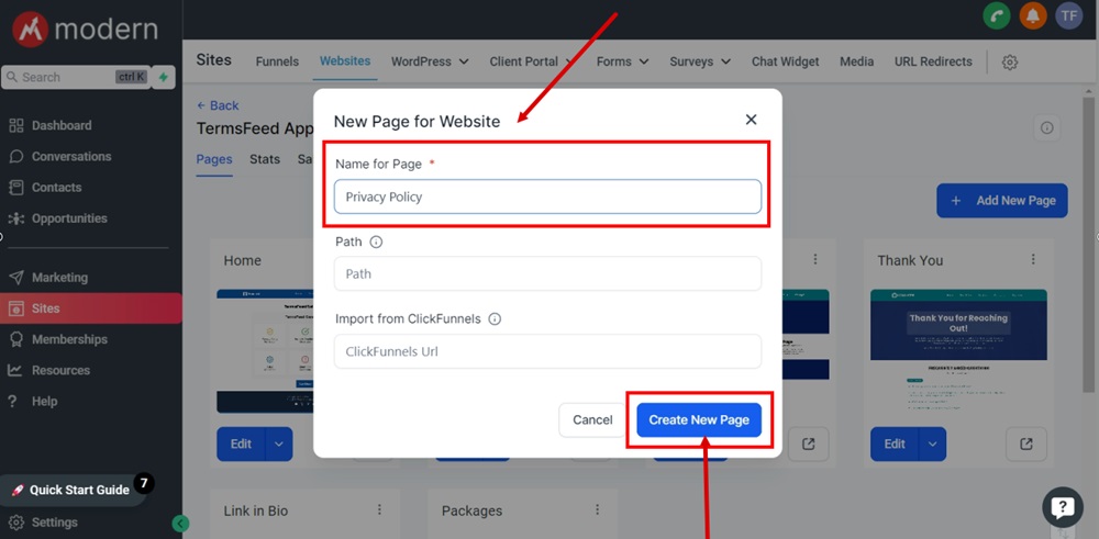 TermsFeed Modern - Websites - Add new page window - Privacy Policy name added - Create button selected