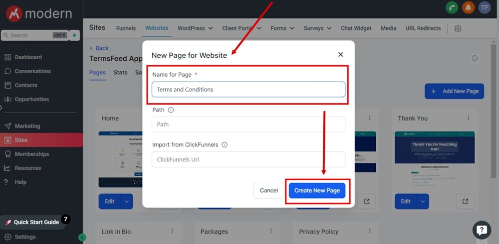 TermsFeed Modern - Websites - Add new page window - Terms and Conditions name added - Create button selected