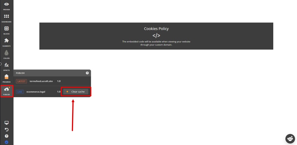 TermsFeed Ucraft - Pages - System - Cookies Policy page - Custom HTML - Publish - Clear cache of the live website highlighted