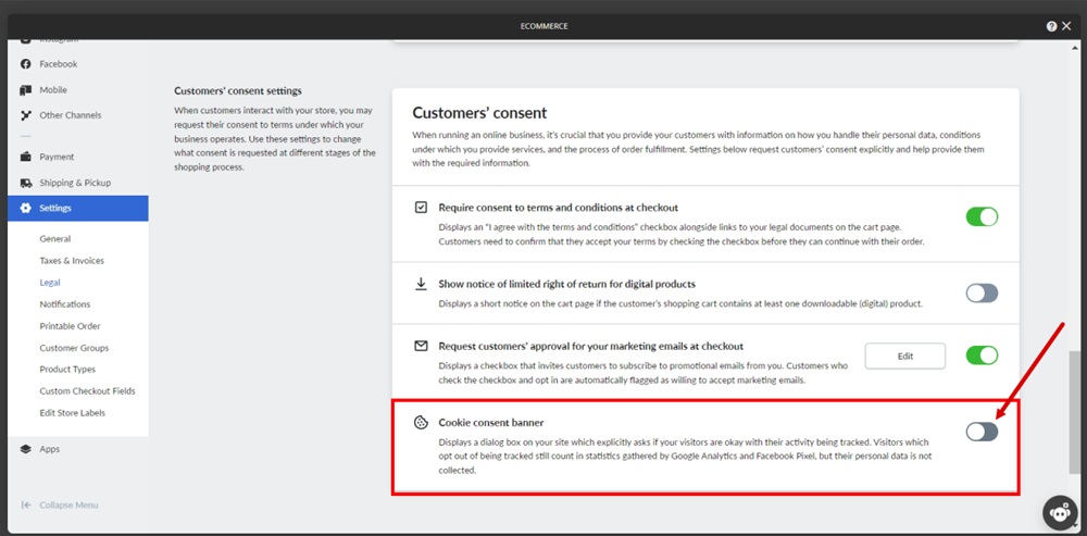 TermsFeed Ucraft - eCommerce - Settings - Customer's consent - enable the Cookie consent banner