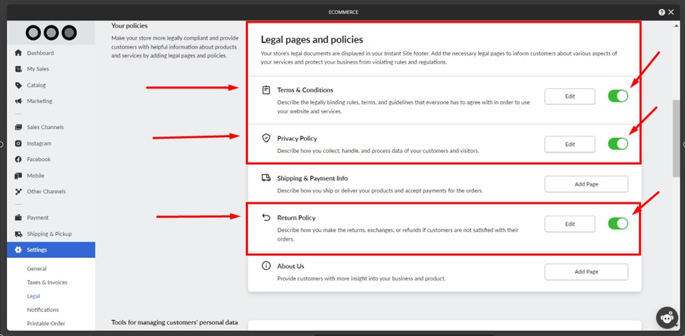 TermsFeed Ucraft - eCommerce - Settings - Legal pages and policies enabled highlighted