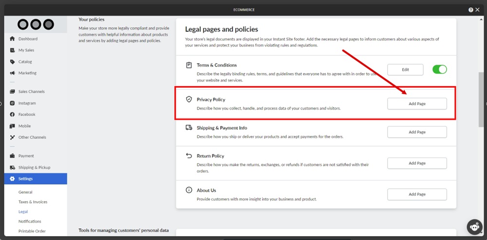 TermsFeed Ucraft - eCommerce - Settings - Legal pages and Policies - Privacy Policy - Add page highlighted