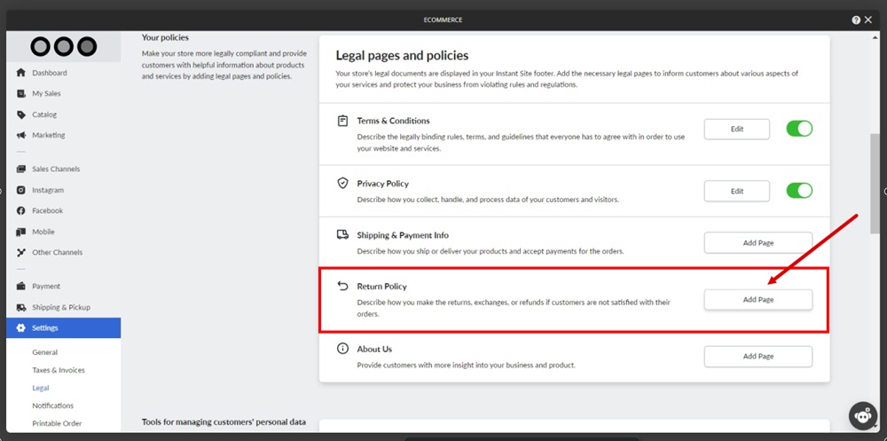 TermsFeed Ucraft - eCommerce - Settings - Legal pages and Policies - Return Policy - Add page highlighted