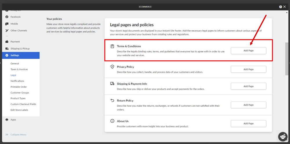 TermsFeed Ucraft - eCommerce - Settings - Legal pages and policies - Terms and Conditions - Add page highlighted