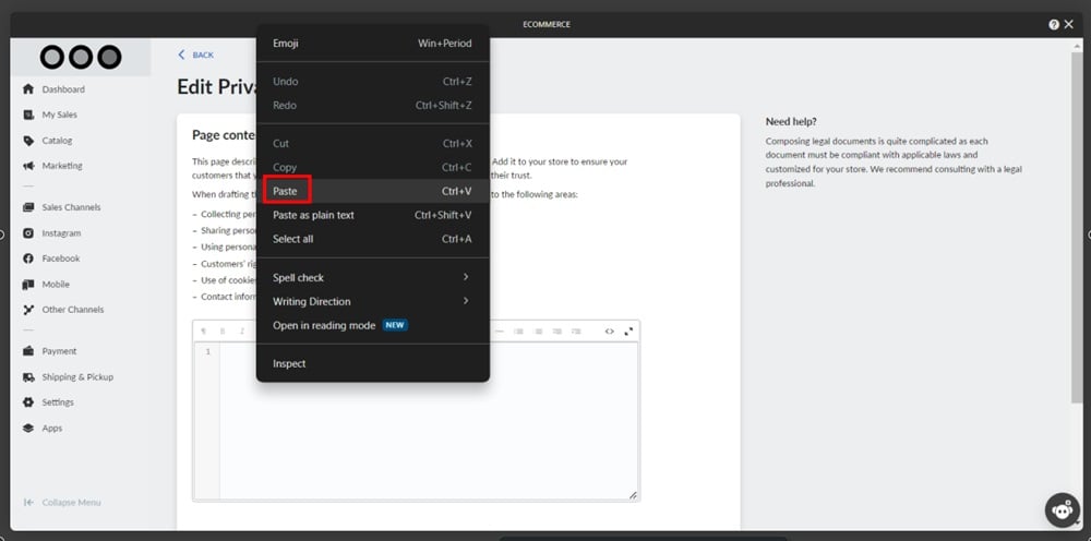 TermsFeed Ucraft - eCommerce - Settings - Legal - Privacy Policy - Add page - editor - HTML paste highlighted