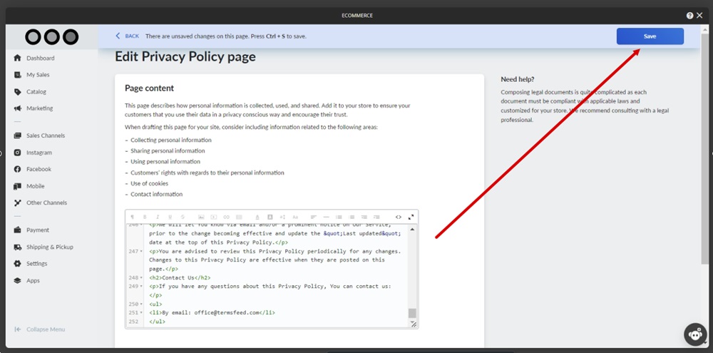 TermsFeed Ucraft - eCommerce - Settings - Legal - Privacy Policy - Add page - editor - HTML pasted - Save