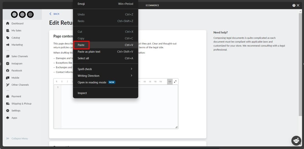 TermsFeed Ucraft - eCommerce - Settings - Legal - Return Policy - Add page - editor - HTML paste highlighted