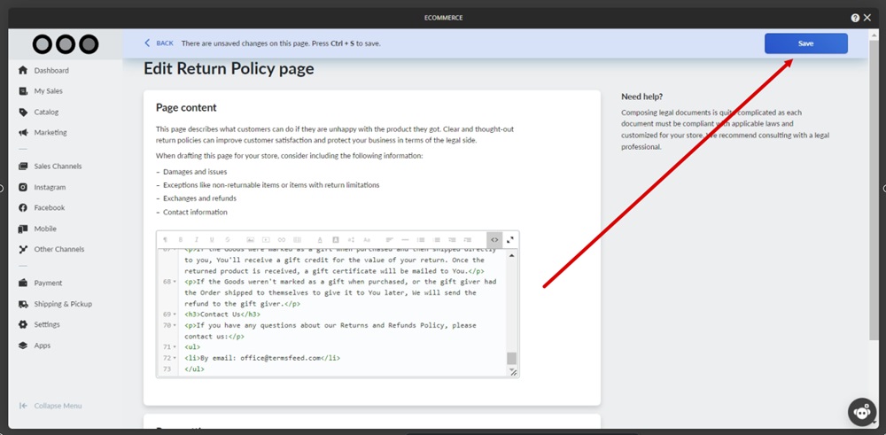 TermsFeed Ucraft - eCommerce - Settings - Legal - Return Policy - Add page - editor - HTML pasted - Save