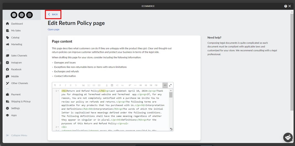 TermsFeed Ucraft - eCommerce - Settings - Legal - Return Policy - Add page - editor - HTML pasted - Saved - Go Back