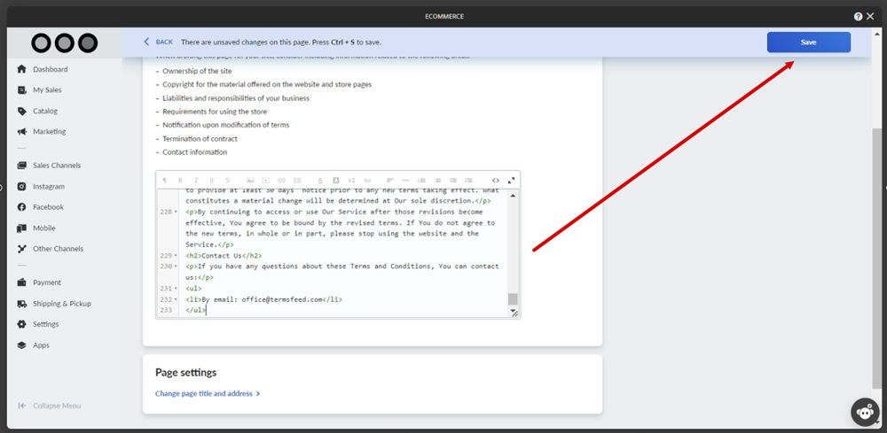 TermsFeed Ucraft - eCommerce - Settings - Legal - Terms and Conditions - Add page - editor - HTML pasted - Save