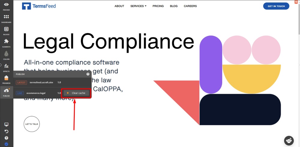 TermsFeed Ucraft - Edit site - Publish - Clear cache highlighted