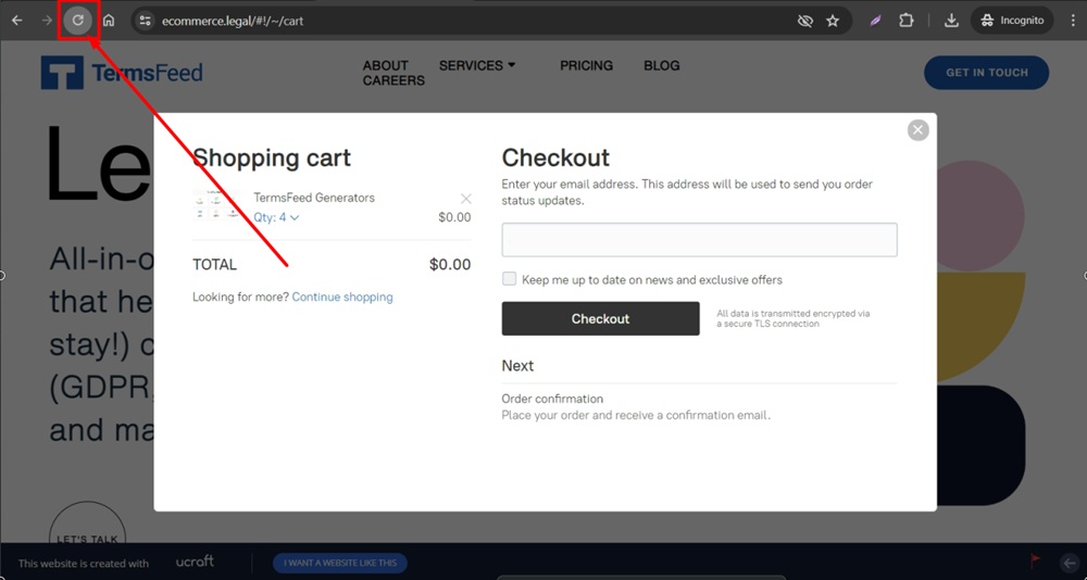 TermsFeed Ucraft - Live site - checkout page - reload option highlighted
