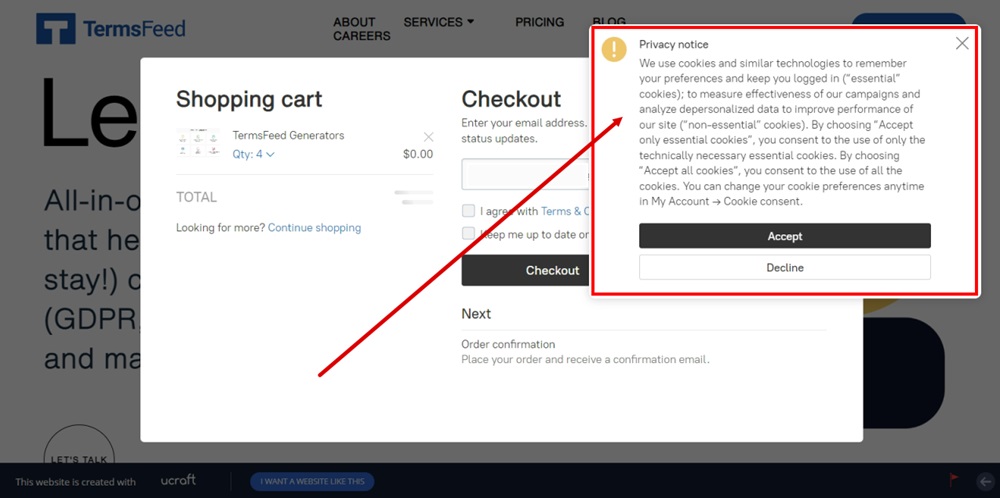 TermsFeed Ucraft - Live site - checkout page - reloaded - The Cookie consent banner is displayed