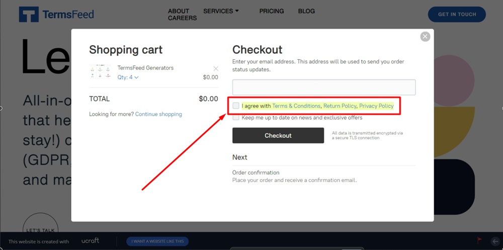 TermsFeed Ucraft - Live site - checkout page - reloaded - The I Agree to Terms, Return and Privacy Policy with checkbox is displayed