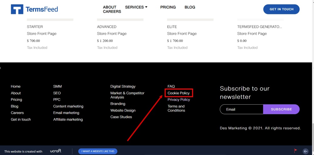 TermsFeed Ucraft - Live website - Reloaded - Footer with the Cookies Policy page linked and displayed highlighted