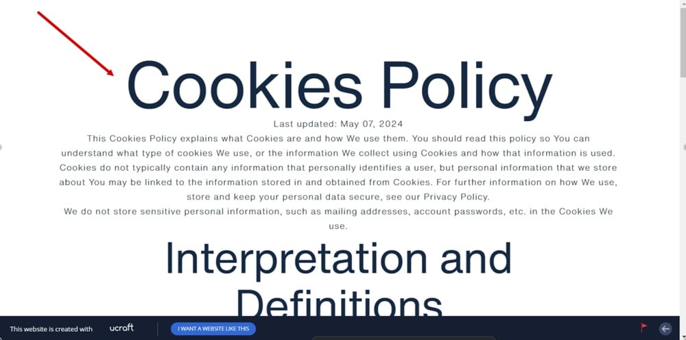 TermsFeed Ucraft - Live website - Reloaded - The Cookies Policy page displayed highlighted