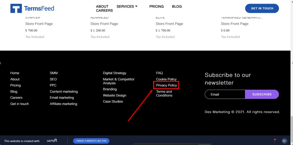 TermsFeed Ucraft - Live website - Reloaded - Footer with the Privacy Policy page linked and displayed highlighted