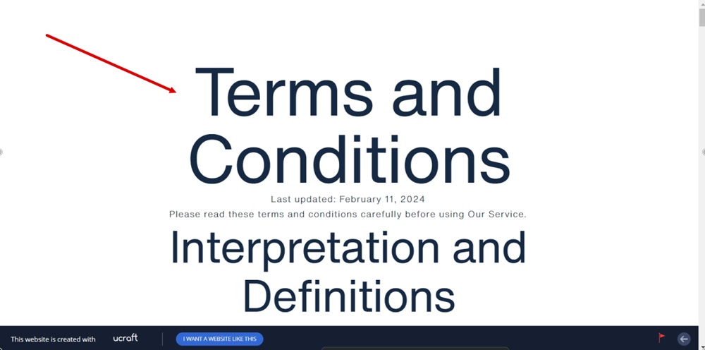 TermsFeed Ucraft - Live website - Reloaded - The Terms and Conditions page displayed highlighted