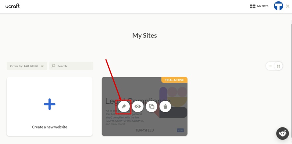 TermsFeed Ucraft - My Sites - Edit website highlighted