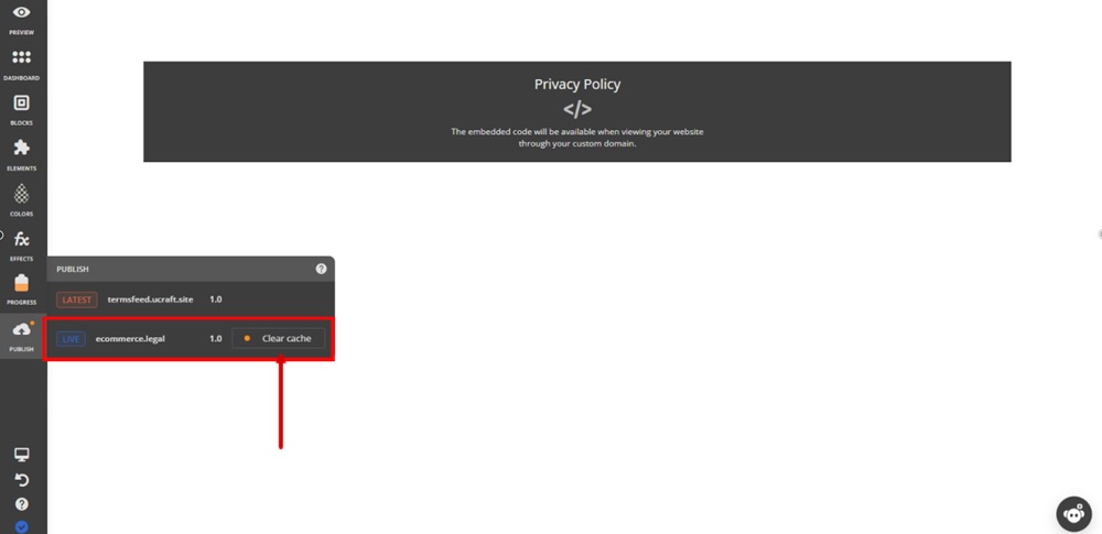 TermsFeed Ucraft - Pages - System - Privacy Policy page - Custom HTML - Publish - Clear cache of the live website highlighted