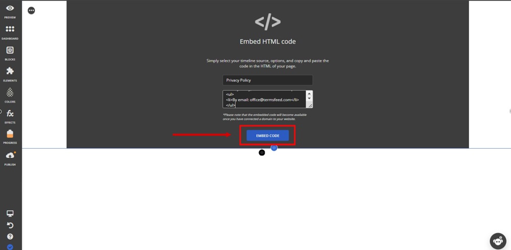 TermsFeed Ucraft - Pages - System - Privacy Policy page - Custom HTML - Embed Code highlighted
