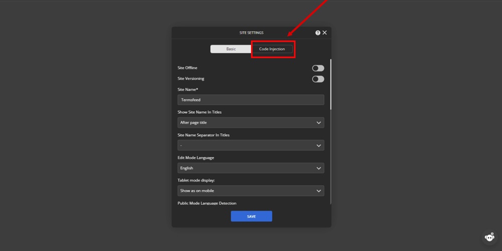 TermsFeed Ucraft - Site Settings - Code Injection highlighted