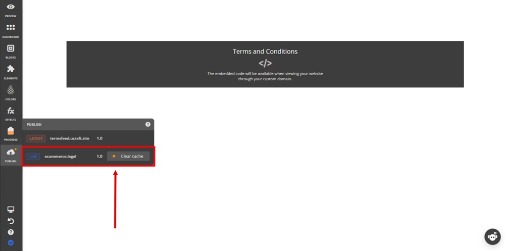 TermsFeed Ucraft - Pages - System - Terms and Conditions page - Custom HTML - Publish - Clear cache of the live website highlighted