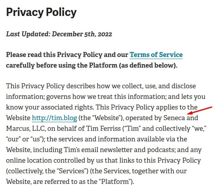 Tim Ferriss Privacy Policy: Intro section