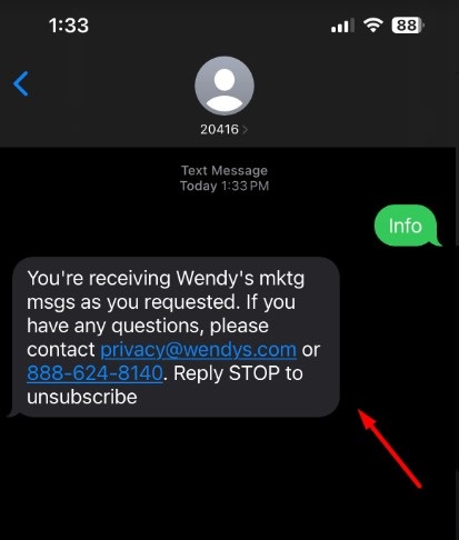 Wendys text message screenshot