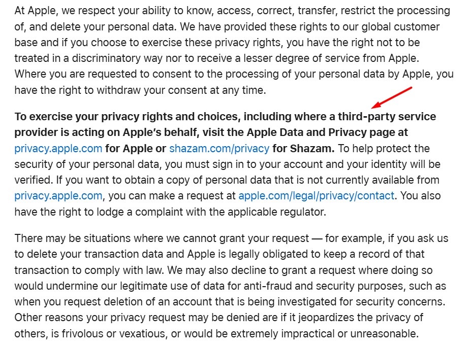 Apple Privacy Policy: Exercise rights excerpt