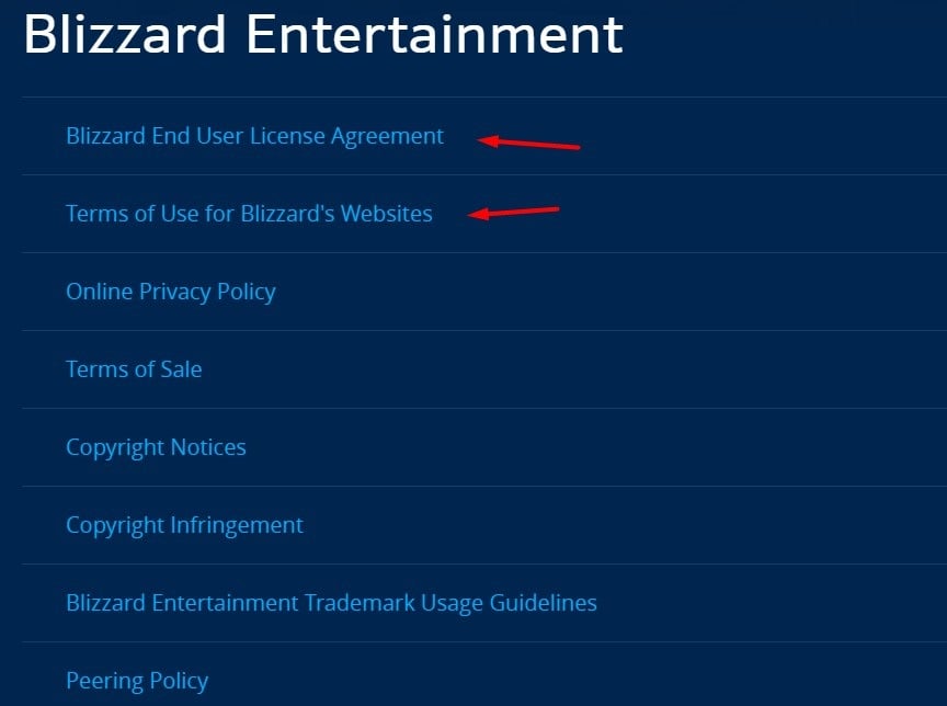 Blizzard Entertainment legal links - EULA and Terms highlighted