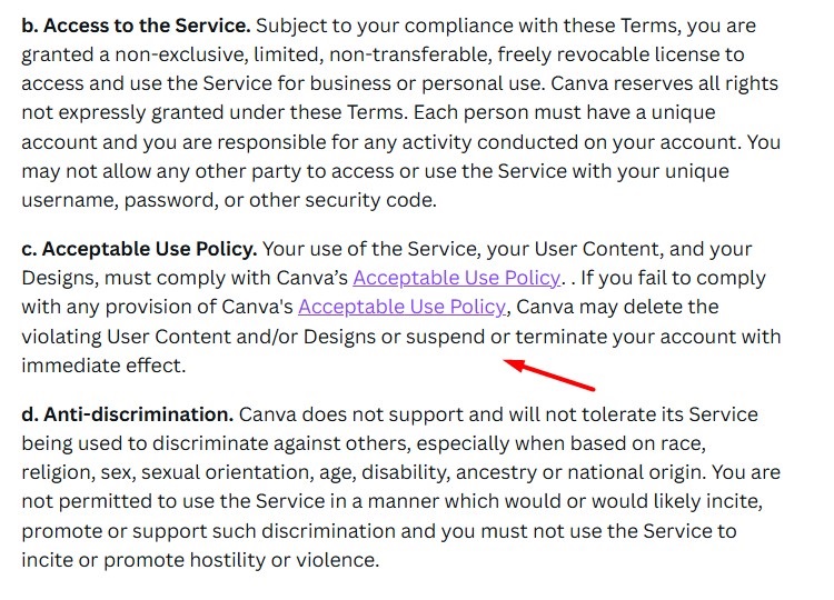Canva Terms of Use excerpt