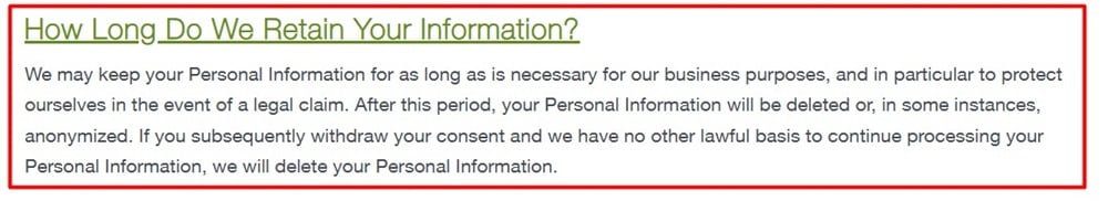 Cargill Privacy Policy: Data retention clause