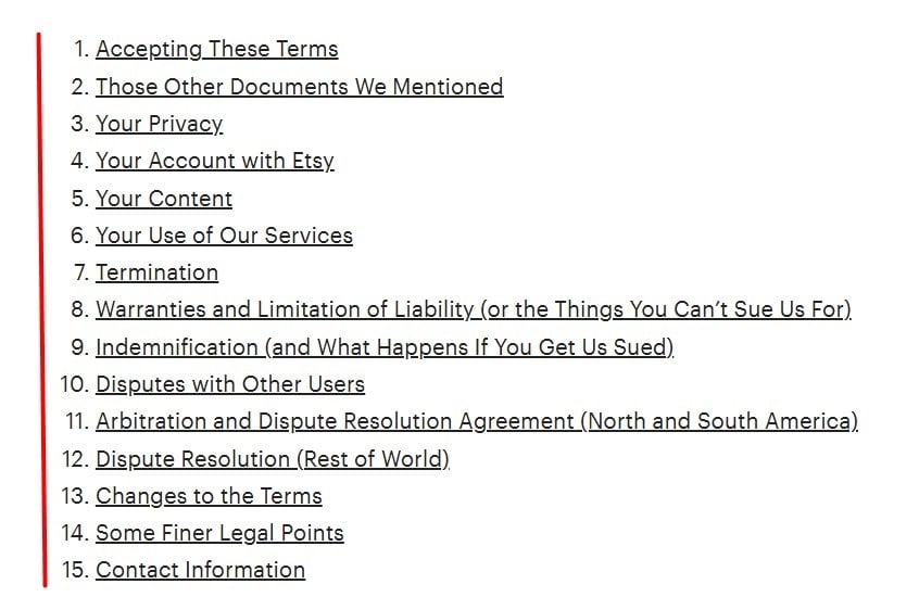 Etsy Terms of Use Table of Contents - updated