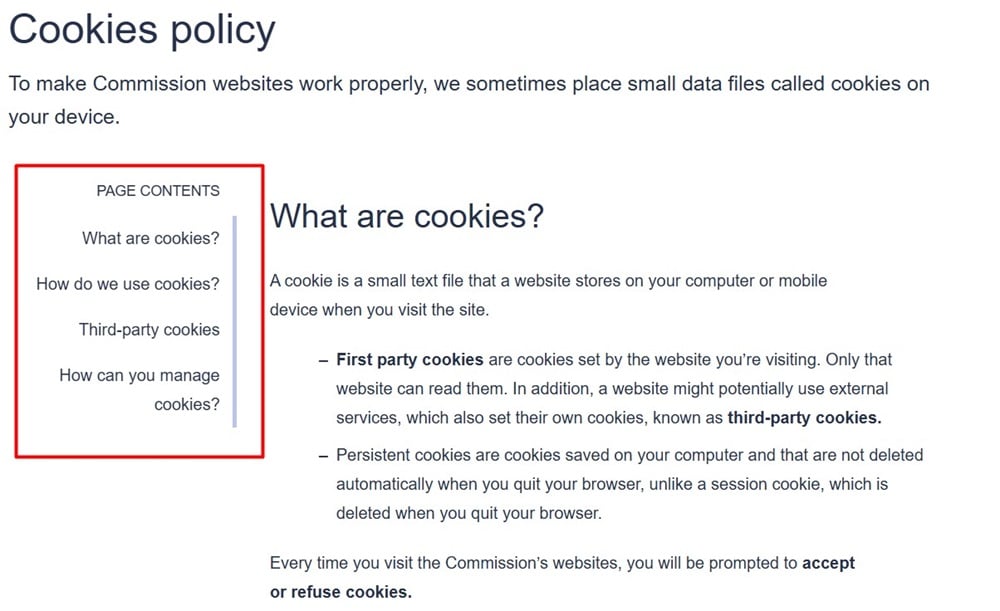 European Commission Cookies Policy: Intro section