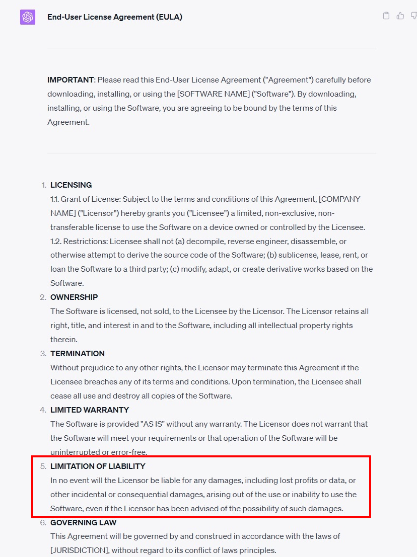 Generic EULA with Limitation of Liability clause highlighted