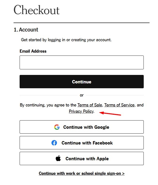 Generic screenshot of create account checkout form with Privacy Policy link highlighted