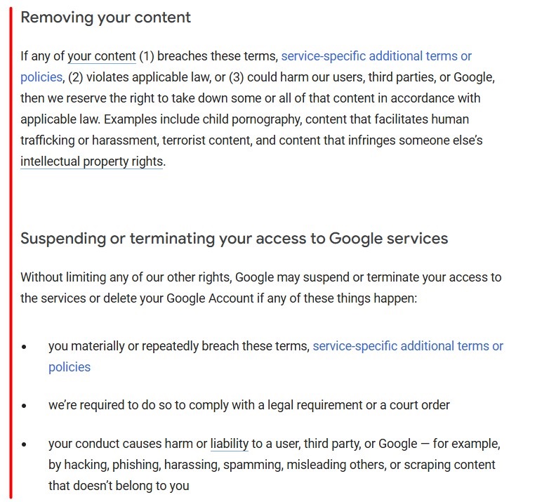 Google Terms of Service excerpt
