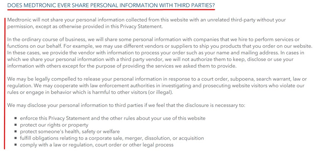 Medtronics Privacy Statement: Third party clause