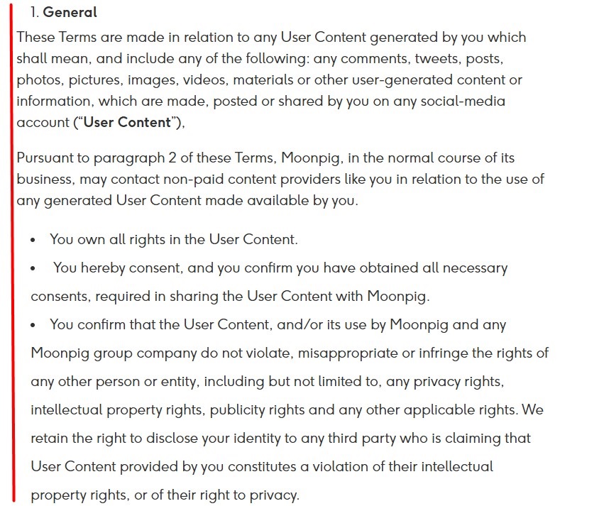 Moonpig User Generated Content Terms and Conditions: General clause