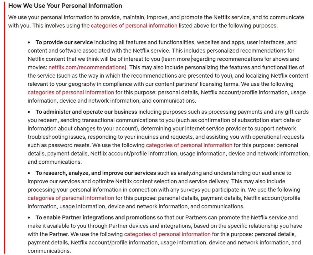 Netflix Privacy Statement: How we use personal information clause excerpt