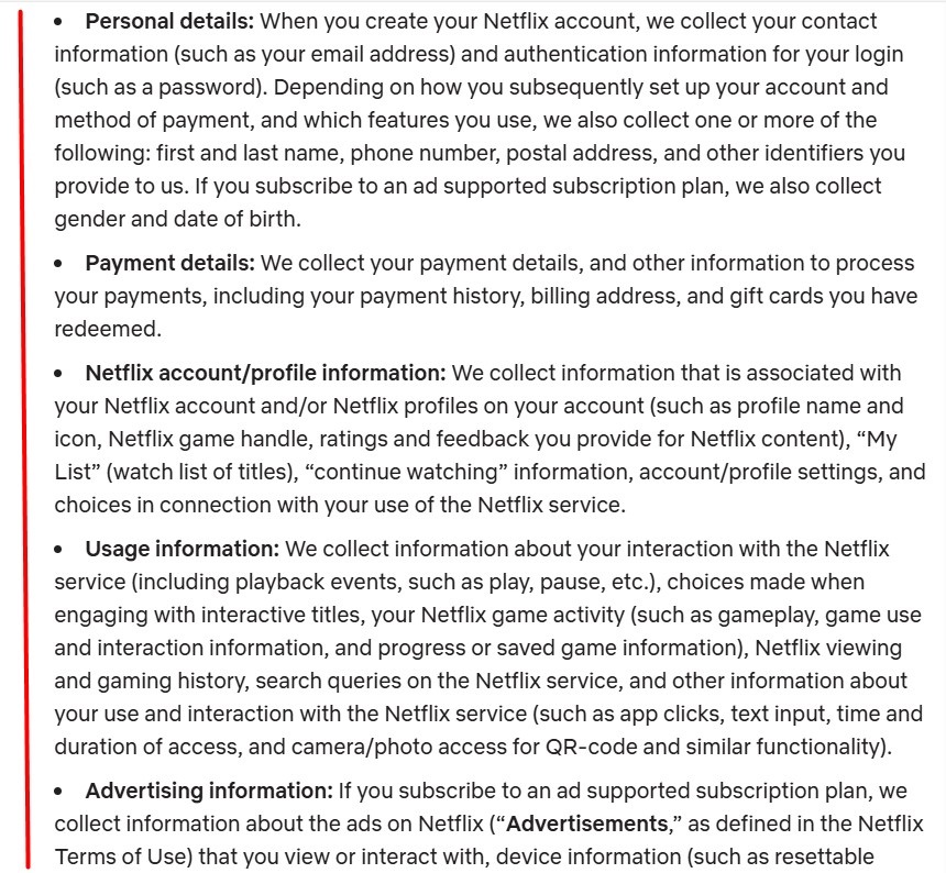 Netflix Privacy Statement: Information we collect clause excerpt