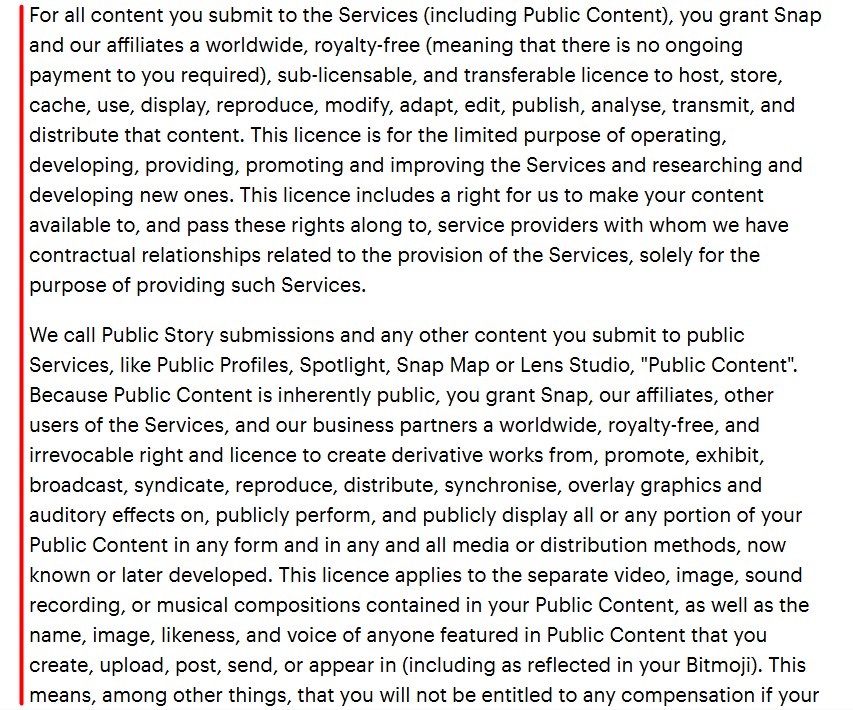Snap Terms of Service: User generated content clause