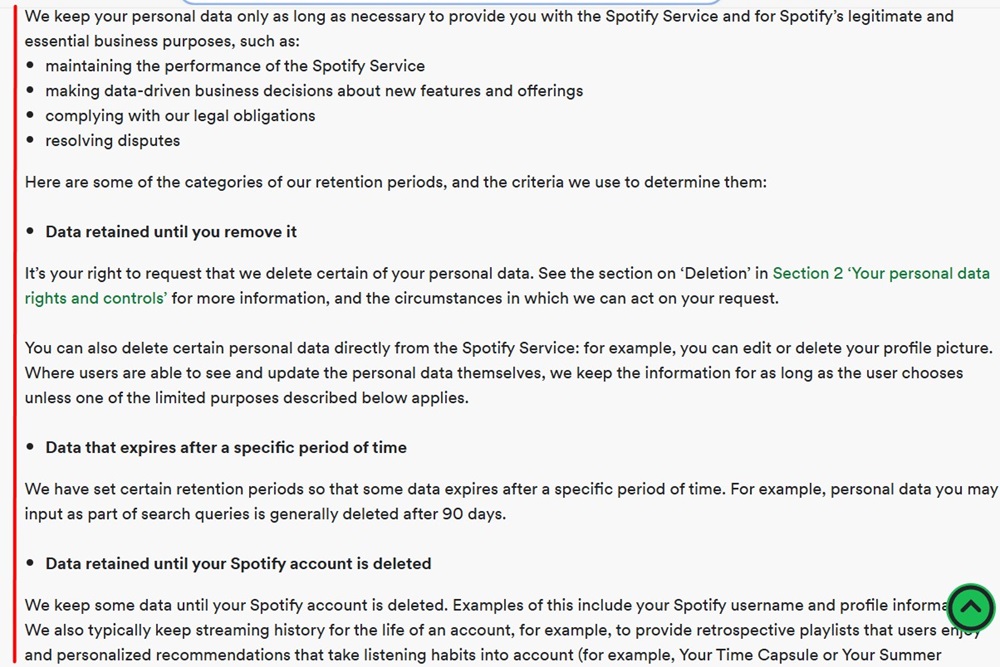 Spotify Privacy Policy: Data retention clause