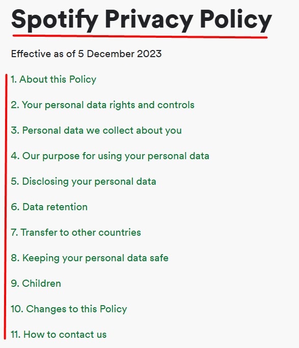 Spotify Privacy Policy table of contents - 2023 update