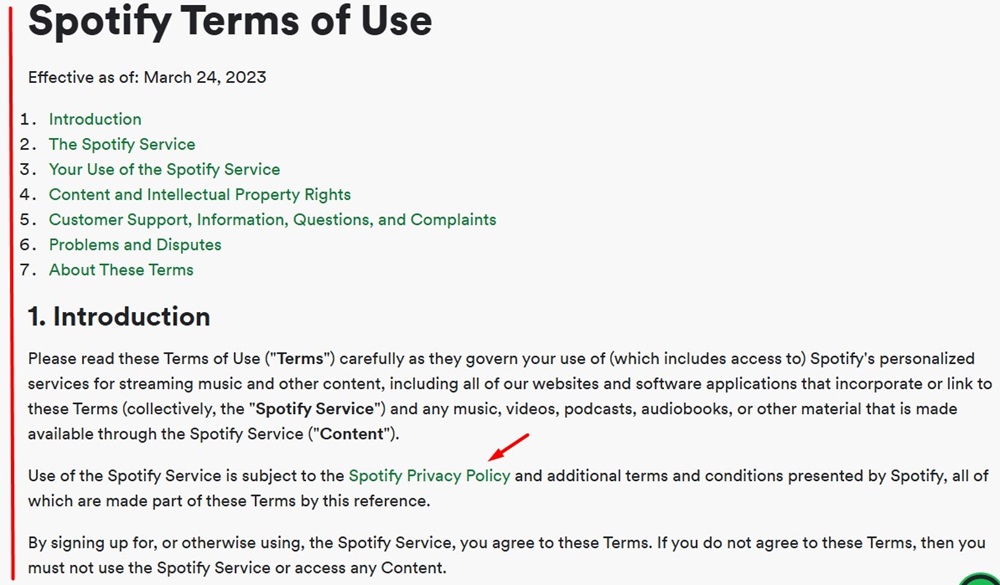 Spotify Terms of Use table of contents - 2023 update