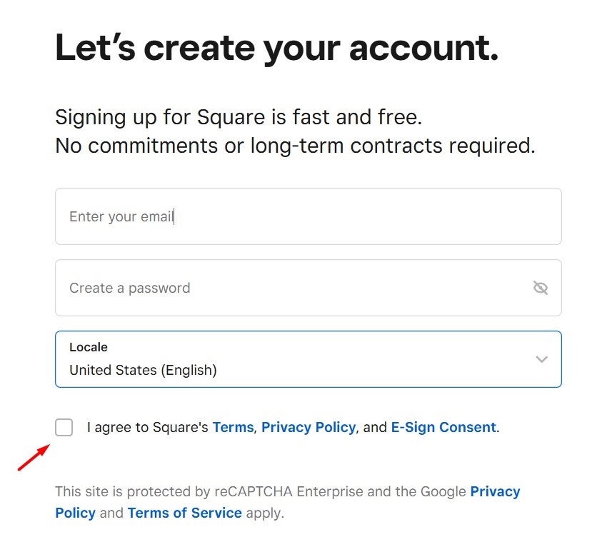 Square Create Account form with Agree checkbox highlighted